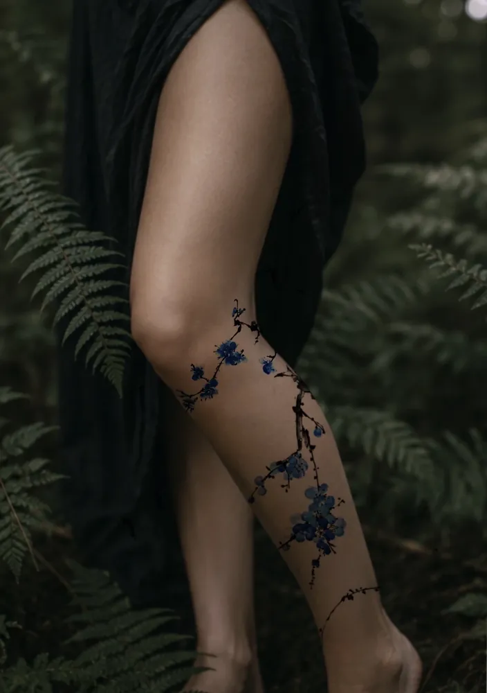 Blue watercolour blossom branch tattoo design placement mockup by Kristina Vishar