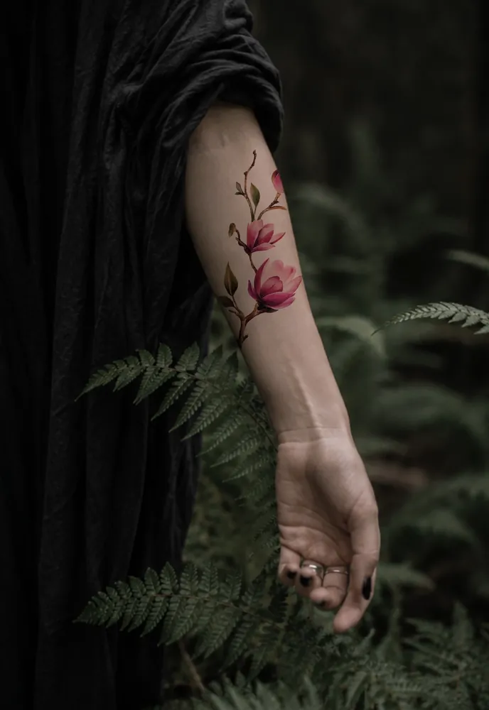 Colour magnolia floral tattoo design placement mockup by Kristina Vishar