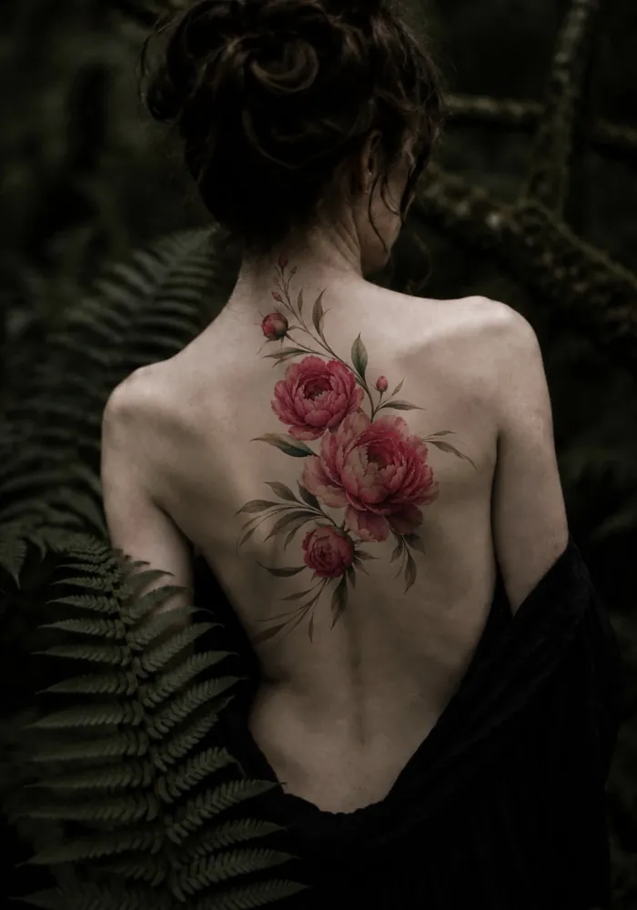 Pink peony floral back tattoo design placement mockup by Kristina Vishar